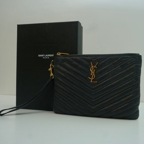 YSL Saint Laurent Women's Cassandre Quilted Leather Clutch Black & Gold Wristlet - Picture 1 of 8